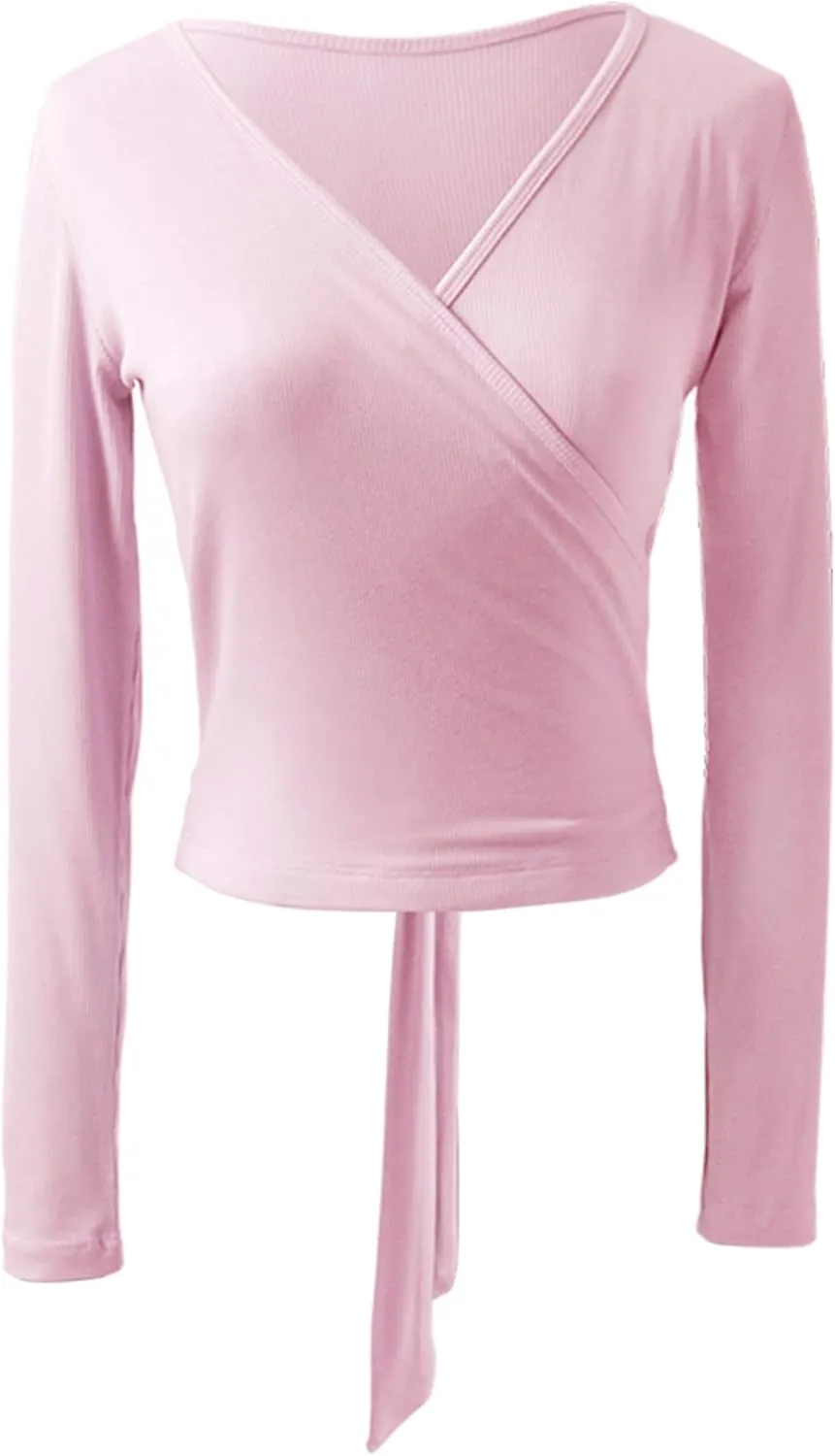 Women's Yoga Dance Crop Long Sleeve Blouse Adult V Neck Front Cross-Back Lace-up Top