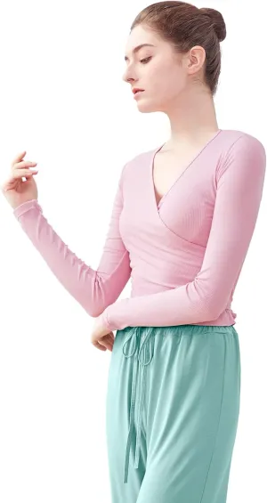 Women's Yoga Dance Crop Long Sleeve Blouse Adult V Neck Front Cross-Back Lace-up Top
