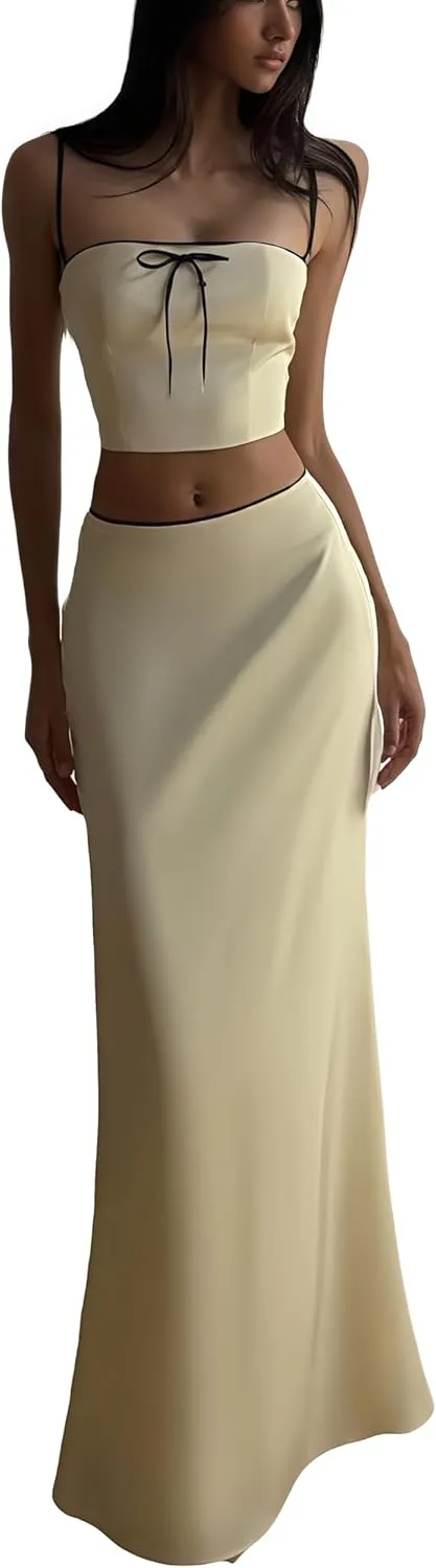 Wuitrie Women 2 Piece Skirt Sets Sleeveless Back Zipper Camisole Tops High Waisted Maxi Skirt Sexy Beach Vacation Outfits