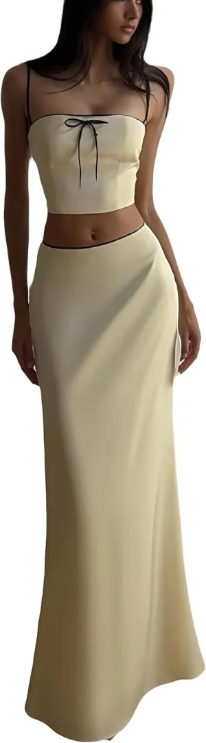Wuitrie Women 2 Piece Skirt Sets Sleeveless Back Zipper Camisole Tops High Waisted Maxi Skirt Sexy Beach Vacation Outfits