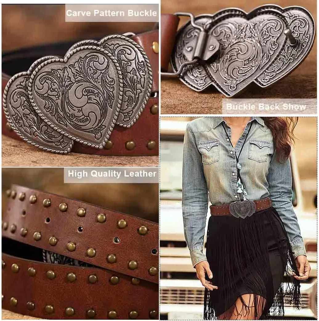 Yalice Heart Western Leather Belt for Women Men Star Buckle Waist Belt for Jeans Pants Ladies Cowgirls Cowboys Belt