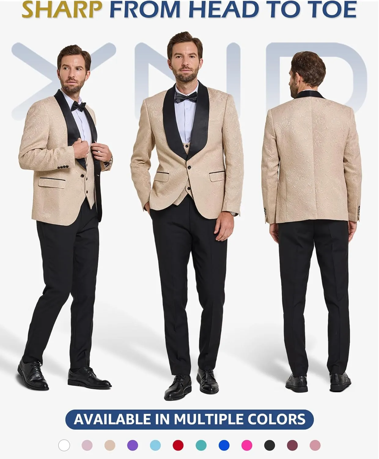 YND Men's 3 Piece Slim Fit Tuxedo Set, Solid Shawl Collar Jacquard Jacket Vest Button Pants