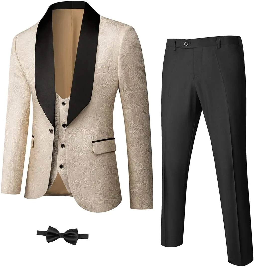 YND Men's 3 Piece Slim Fit Tuxedo Set, Solid Shawl Collar Jacquard Jacket Vest Button Pants