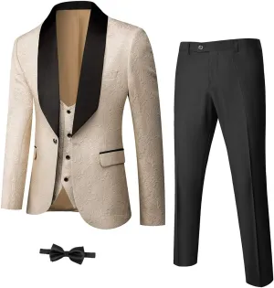 YND Men's 3 Piece Slim Fit Tuxedo Set, Solid Shawl Collar Jacquard Jacket Vest Button Pants