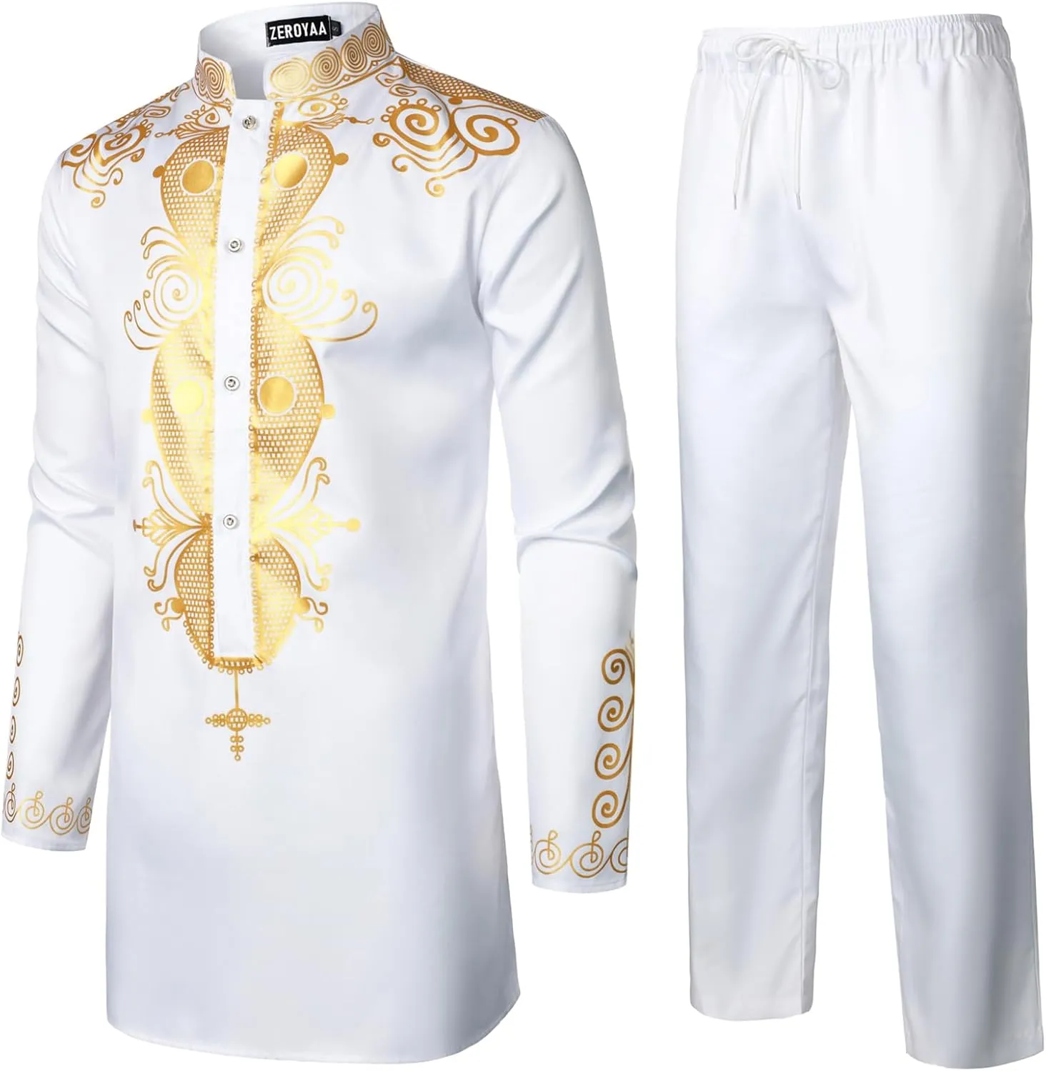 ZEROYAA Men's Africa Suit Long Sleeve Button Down Bronzing Print Shirt and Pants Outfit Traditional 2 Piece Set