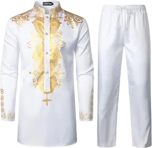 ZEROYAA Men's Africa Suit Long Sleeve Button Down Bronzing Print Shirt and Pants Outfit Traditional 2 Piece Set