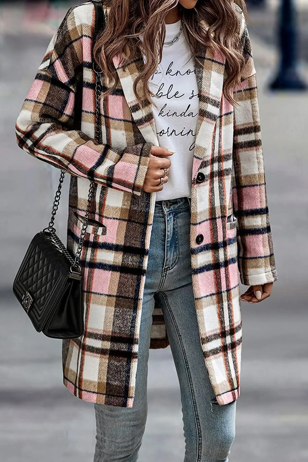 ZOCANIA Plaid Trench Coat Womens Woolen Notch Collar Midi Pea Coat Lapel Button Down Long Jacket Coat Fall Winter Overcoat