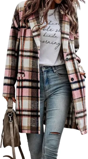 ZOCANIA Plaid Trench Coat Womens Woolen Notch Collar Midi Pea Coat Lapel Button Down Long Jacket Coat Fall Winter Overcoat