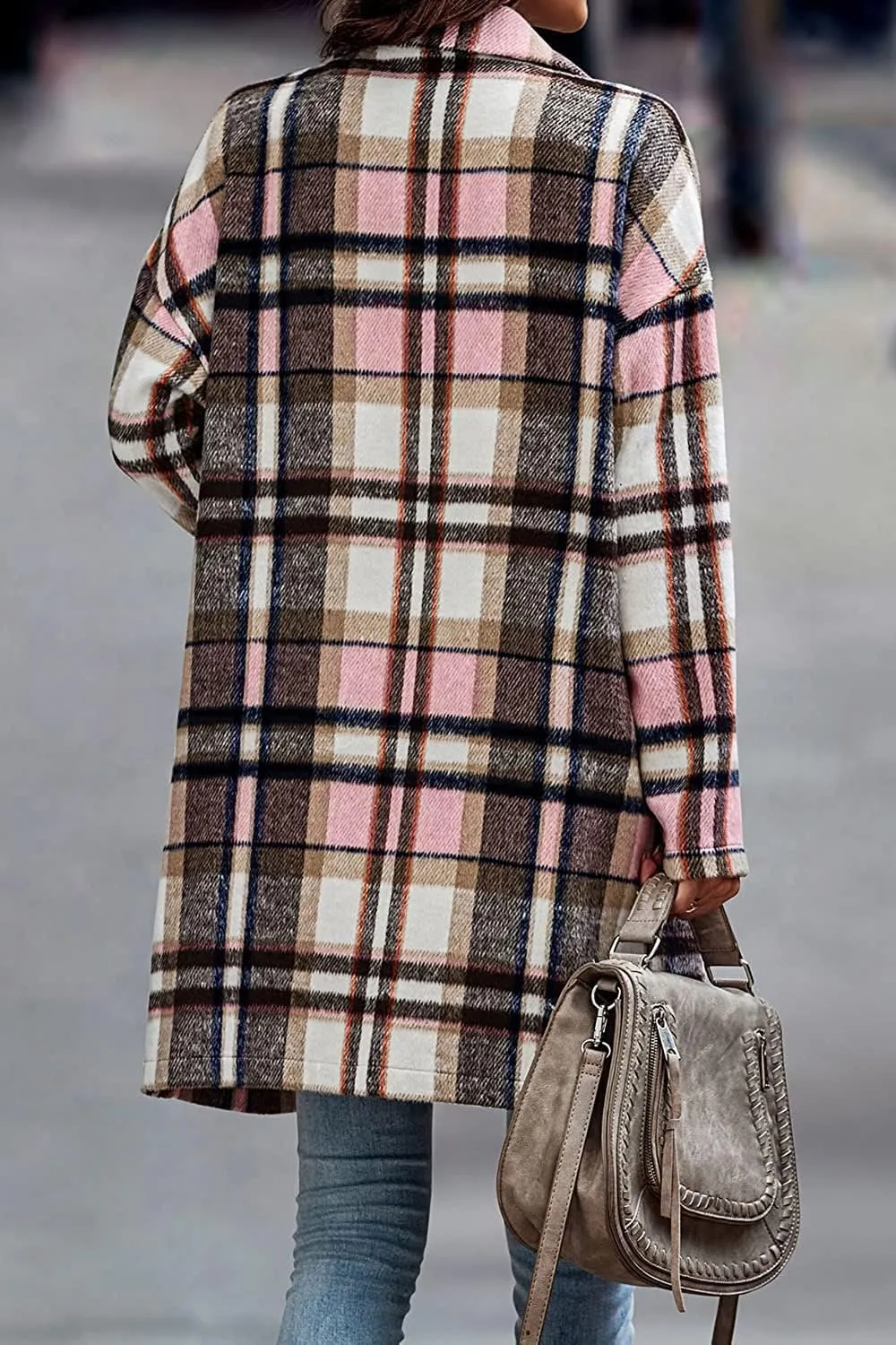 ZOCANIA Plaid Trench Coat Womens Woolen Notch Collar Midi Pea Coat Lapel Button Down Long Jacket Coat Fall Winter Overcoat