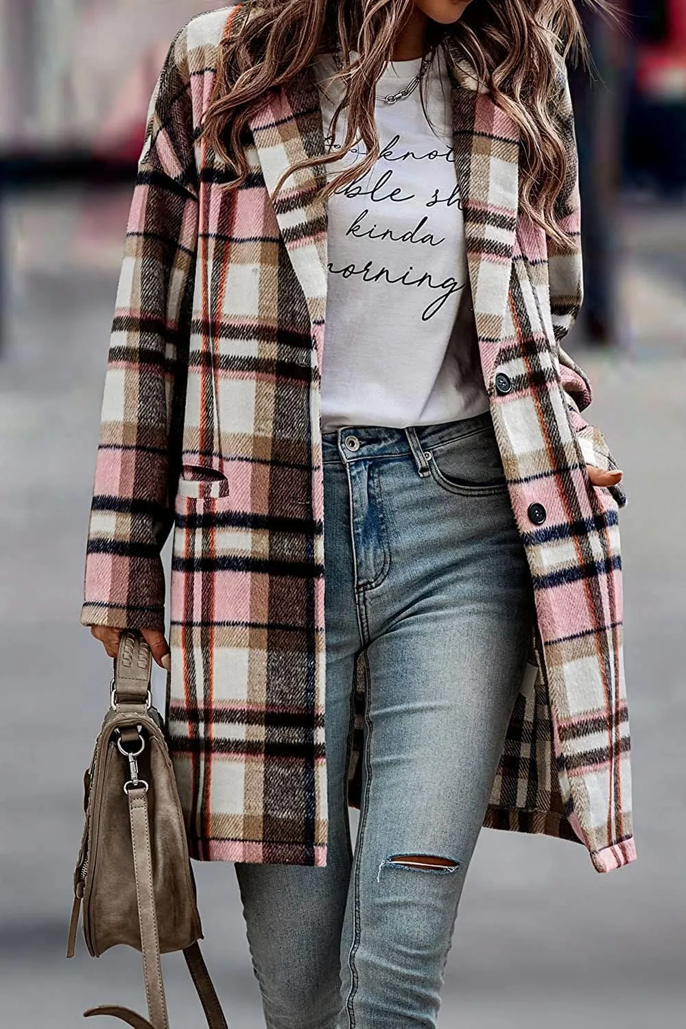 ZOCANIA Plaid Trench Coat Womens Woolen Notch Collar Midi Pea Coat Lapel Button Down Long Jacket Coat Fall Winter Overcoat